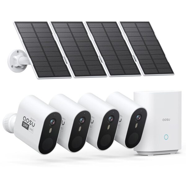 AOSU 3K/5MP Solar Security Cameras Outdoor Wireless, Ultra HD Video Home Security System 4-Cam Kit with 166° Ultra Wide Angle, Cam-to-Cam Sync, Color Night Vision, Spotlight &...