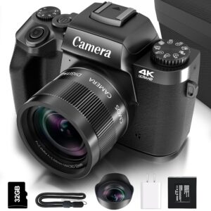 Saneen Digital Camera for Photography, 4K 64MP WiFi Touch Screen Vlogging Camera with Flash, 32GB Micro Card, Lens Hood, 3000mAH Battery, Front and Rear Cameras, 4″Big Screen,...