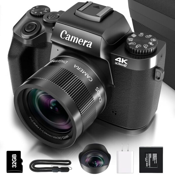 Saneen Digital Camera for Photography, 4K 64MP WiFi Touch Screen Vlogging Camera with Flash, 32GB Micro Card, Lens Hood, 3000mAH Battery, Front and Rear Cameras, 4″Big Screen,...