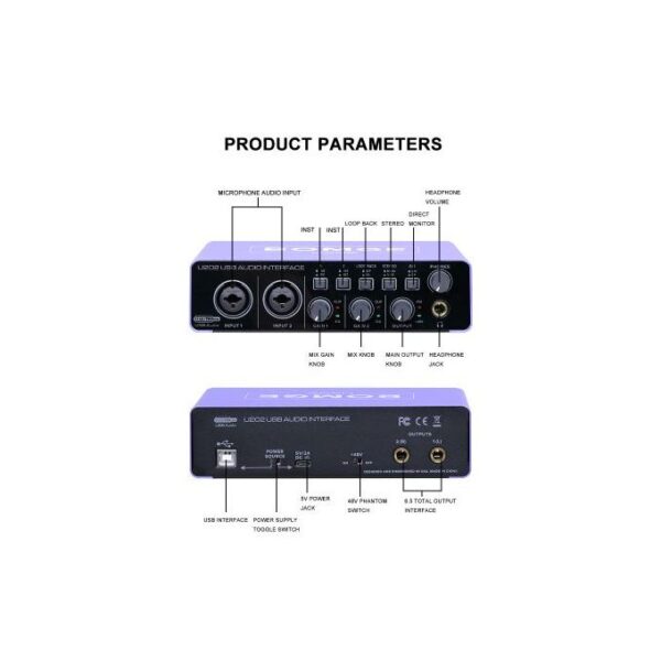 Bomge U202 USB Audio Interface With Mic Preamplifier XLR/TSR/TS Ports,48V,32-Bit/192kHz Resolution For Computer Recording,Streaming ,Podcasting - Image 6