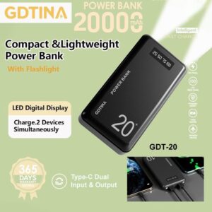 GDTINA Power Banks 20000 MAh Utra Slim Portable Fast Charger Built-in LED Light Flashlight - Black