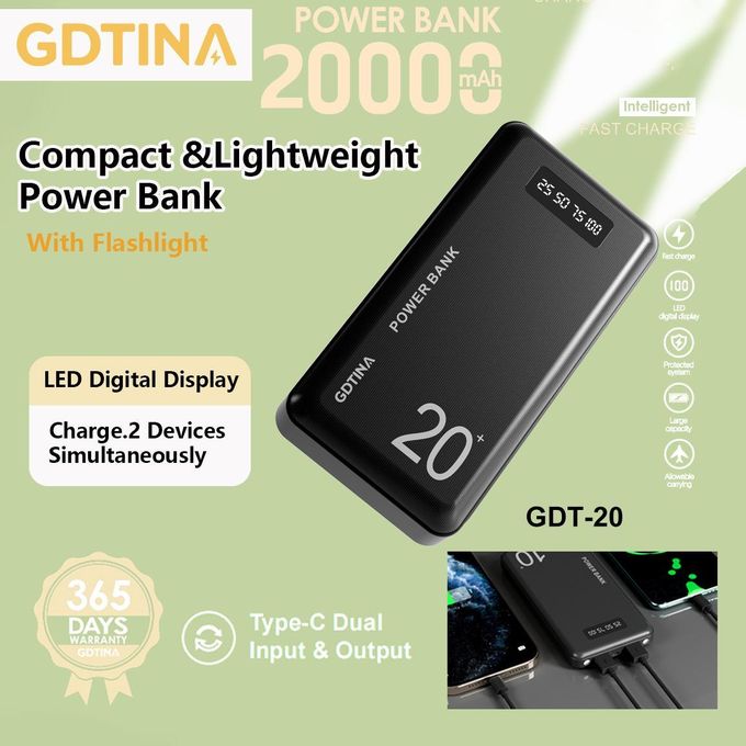GDTINA Power Banks 20000 MAh Utra Slim Portable Fast Charger Built-in LED Light Flashlight - Black