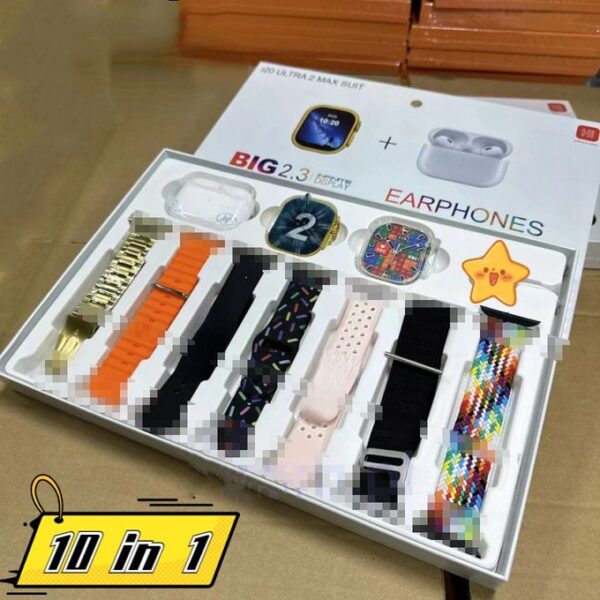 I20 Ultra Max Smart Watch Ultra 10 in1 Waterproof 7 Straps + Protective Case + Earphones - Black