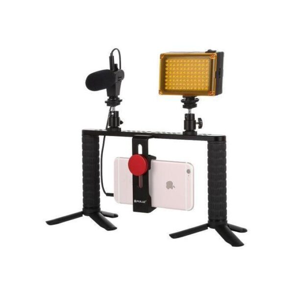 Dual Smartphone Grip Led Light With Microphone Smart Video Kit - Black