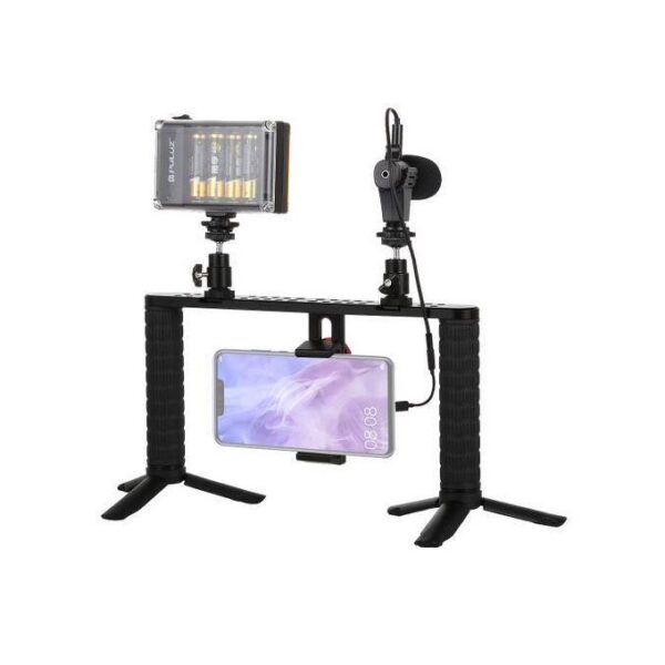 Dual Smartphone Grip Led Light With Microphone Smart Video Kit - Black