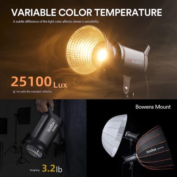 Godox SL60IIBi 75W Bi-Color LED Video Light 2800K–6500K Bowens Mount APP Control-Black