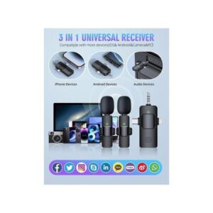 K15 3-in-1 Wireless Lavalier Microphone with Type-C for iPhone, Android, and iPad (2 Microphones)
