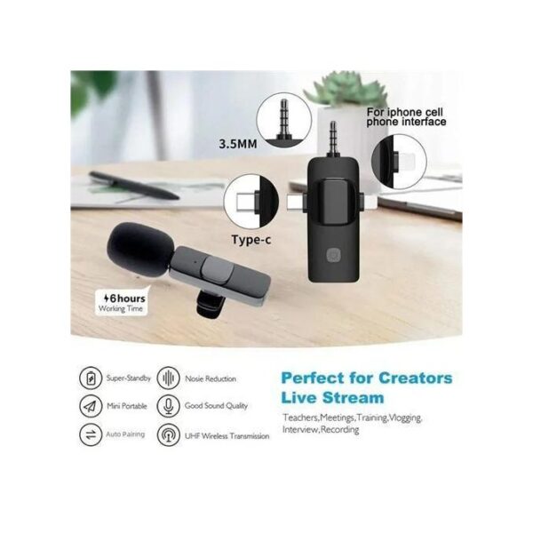 K15 3-in-1 Wireless Lavalier Microphone with Type-C for iPhone, Android, and iPad (2 Microphones)