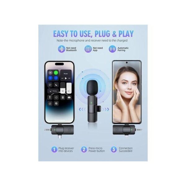 K15 3-in-1 Wireless Lavalier Microphone with Type-C for iPhone, Android, and iPad (2 Microphones)