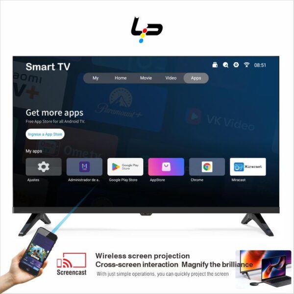 LP Smart TV 32 Inch, Android 14.0 System, 1+8G, Frameless Design, 1366×768 HD, WiFi, 2 HDMI 2 USB Ports + 1 year warranty - Black