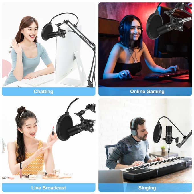 Puluz Studio Broadcast Professional Singing Microphone Kits with Suspension Scissor Arm & Metal Shock Mount & USB Sound Card