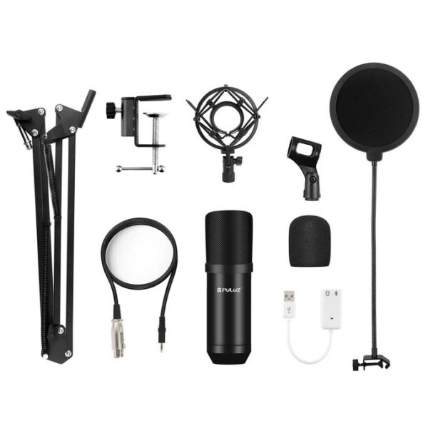 Puluz Studio Broadcast Professional Singing Microphone Kits with Suspension Scissor Arm & Metal Shock Mount & USB Sound Card