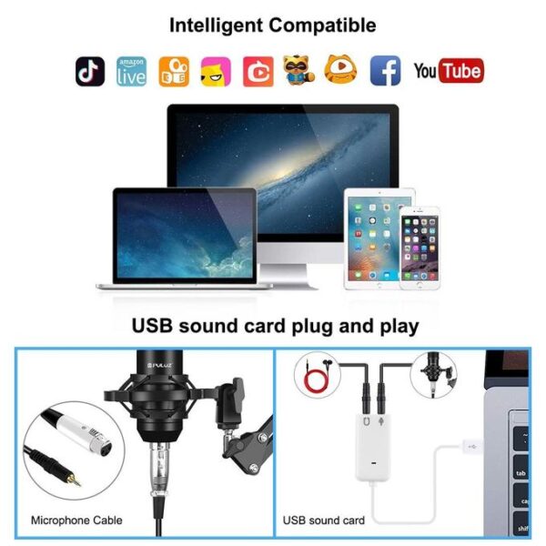 Puluz Studio Broadcast Professional Singing Microphone Kits with Suspension Scissor Arm & Metal Shock Mount & USB Sound Card