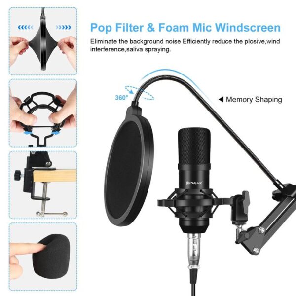 Puluz Studio Broadcast Professional Singing Microphone Kits with Suspension Scissor Arm & Metal Shock Mount & USB Sound Card