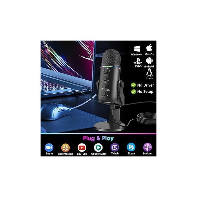 RGB USB Condenser Microphone with Stand – Podcast, Streaming & Recording